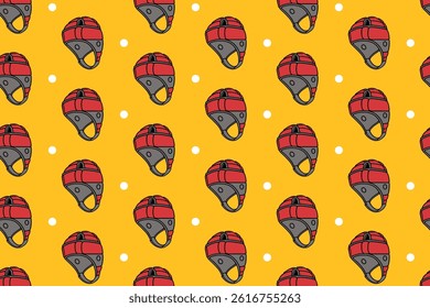 rugby helmet with diamond colorful pattern on yellow background. doodle american football headgear seamless pattern background. helmet of rugby seamless pattern for american football rugby merchandise