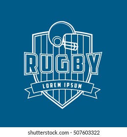 Rugby Helmet Emblem Line Icon On Blue Background