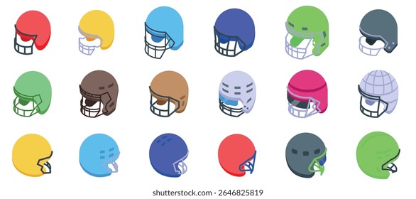  Rugby helmet icons set. Colorful isometric icons representing helmets used in american football, providing essential head protection for players during the game