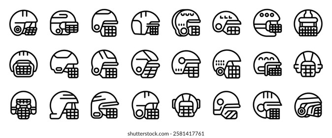  Rugby helmet icons set. Cricket helmet icons set, line style, representing different designs of protective headwear used by cricket players during matches