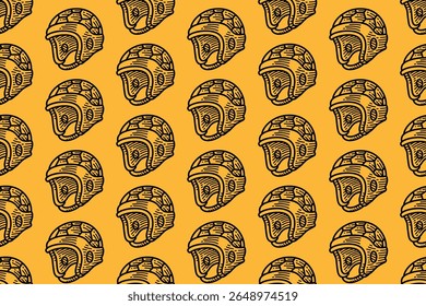 rugby helmet pattern background. vintage protective gear seamless on yellow background. sports helmet outline repeat motif wallpaper for textile prints, branding, and sport themed merchandise.