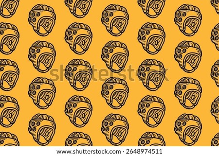 rugby helmet seamless pattern on yellow background. hand-drawn sports head safety background. vintage protective headgear sketch motif. great for apparel, sport branding, and print merchandise.