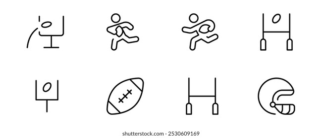 Rugby icon, american football icon, vector set design with Editable Stroke. Line, Solid, Flat Line, thin style and Suitable for Web Page, Mobile App, UI, UX design.