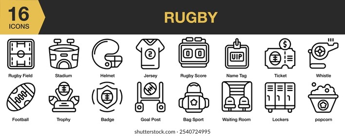 Rugby icon set. Includes helmet, field, stadium, ticket, whistle, and More. Outline icons vector collection.