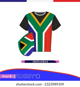 Jersey de rugby de la selección nacional de Sudáfrica con bandera. Ilustración vectorial.