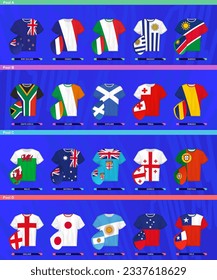 Rugby jerseys of 20 national team participant in rugby competition 2023 sorted by pool. Uniform collection.