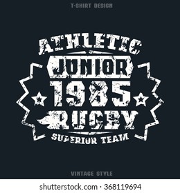 Rugby junior team emblem. Graphic design for t-shirt. White print on black  background