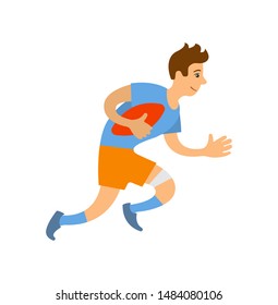 Rugby league football game, isolated character running holding ball in hands. Person wearing uniform flat style, man running with sport equipment. Vector illustration in flat cartoon style