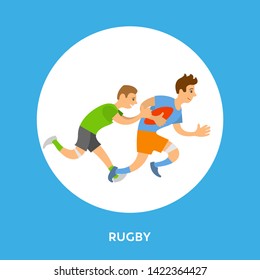 Rugby league football game, round frame button with players running with ball and trying to take it. Person wearing uniform flat style, people with sport equipment