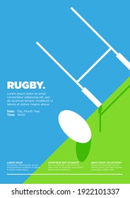 Rugby League And Union. Game Or Practice Poster, Dramatic Angle. Ball And Post Shadow On The Floor In Stadium. Close Up. Flat, Simple, Retro Style - Vector