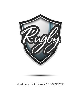 Rugby logo design template. Rugby emblem pattern. Rugby ball and shield with vintage lettering on an isolated background. Print on t-shirt graphics. Vector illustration