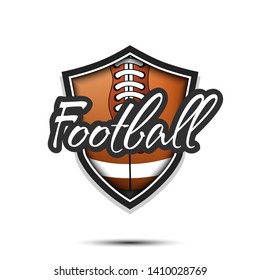Rugby logo design template. Rugby emblem pattern. Rugby ball and shield with vintage lettering on an isolated background. Print on t-shirt graphics. Vector illustration