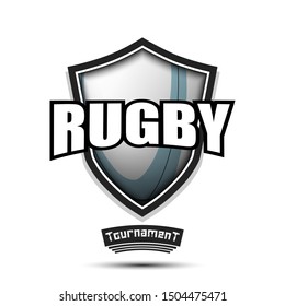 Rugby logo design template. Rugby emblem pattern. Rugby ball and shield with vintage lettering on an isolated background. Print on t-shirt graphics. Vector illustration