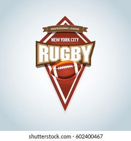 Rugby logo / emblem template. Vector rugby league logo with ball. Sport badge for tournament championship or league. Isolated vector illustration.