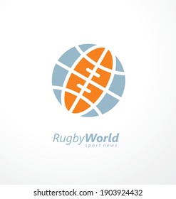Rugby logo with globe shape and rugby ball, perfect for sports news and articles. American football creative symbol design with world icon. Sport and recreation vector sign.