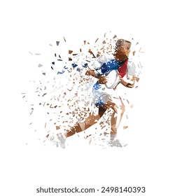 Rugby logo, running rugby player with ball, low poly isolated vector illustration