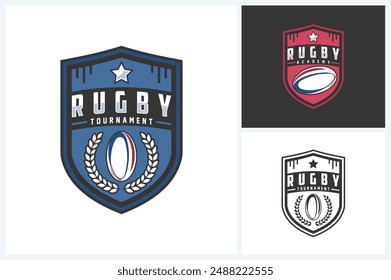 Plantilla de diseño deportivo de logotipo de rugby, Vector de emblema de rugby, Ilustración vectorial de diseño de logotipo de insignia de torneo de rugby