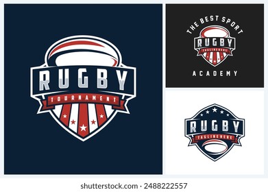 Plantilla de diseño deportivo de logotipo de rugby, Vector de emblema de rugby, Ilustración vectorial de diseño de logotipo de insignia de torneo de rugby