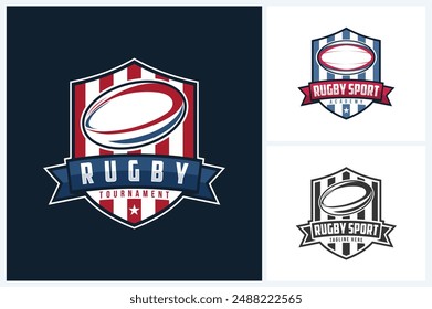 Plantilla de diseño deportivo de logotipo de rugby, Vector de emblema de rugby, Ilustración vectorial de diseño de logotipo de insignia de torneo de rugby