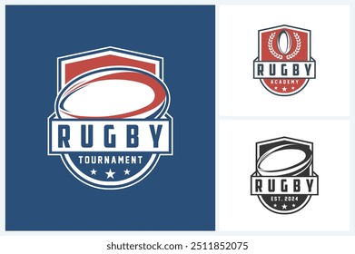 Plantilla de diseño deportivo de logotipo de rugby, Vector de emblema de rugby, Ilustración vectorial de diseño de logotipo de insignia de torneo de rugby