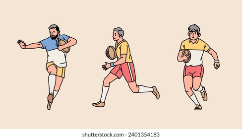 Rugby man male guy character players in action set line style illustration