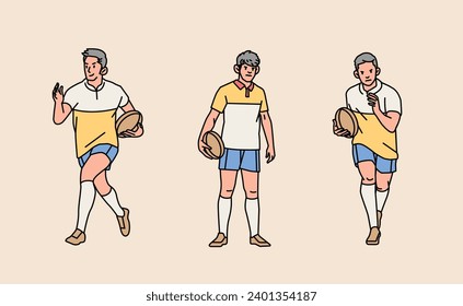 Rugby man male guy character players in action set line style illustration