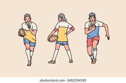 Rugby man male guy character players in action set line style illustration