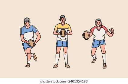 Rugby man male guy character players in action set line style illustration