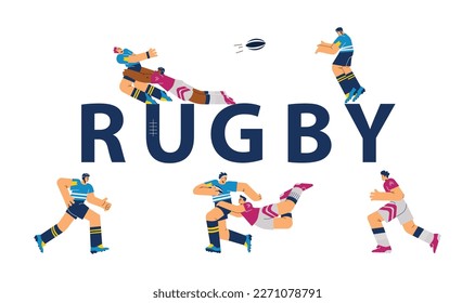 Rugby match banner or header for website design, flat cartoon vector illustration. Rugby football sport game competition banner or poster with cartoon players characters.