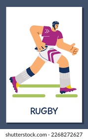 Rugby match banner or poster mockup with player running with ball, flat cartoon vector illustration on white background. Rugby competition advertisement.