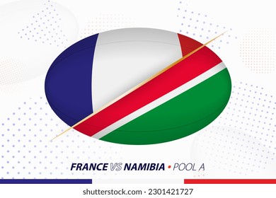 Partido de rugby entre Francia y Namibia, concepto para torneo de rugby. Banderas vectoriales estilizadas en forma de bola oval.