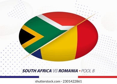 Rugby match between South Africa and Romania, concept for rugby tournament. Vector flags stylized in shape of oval ball.