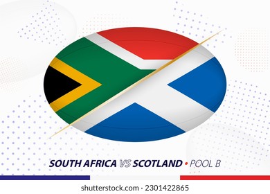 Rugby match between South Africa and Scotland, concept for rugby tournament. Vector flags stylized in shape of oval ball.