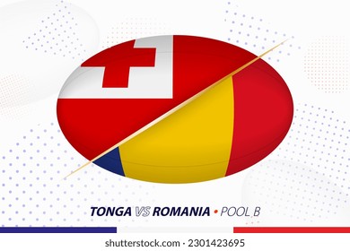 Rugby match between Tonga and Romania, concept for rugby tournament. Vector flags stylized in shape of oval ball.