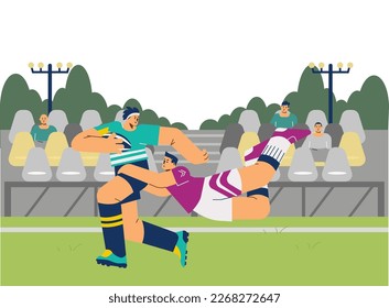 Rugby match scene with players running with ball, flat cartoon vector illustration. Rugby competition on stadium field with cartoon characters of sportsmen.