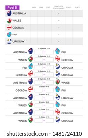Rugby match schedule for pool D, all matches for Australia, Wales, Georgia, Fiji, Uruguay. Vector Illustration.