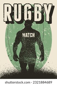 Rugby Match typographical vintage grunge style poster design with athletic player silhouette. Retro vector illustration.