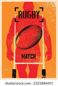 Rugby Match typographical vintage grunge style poster design with athletic player silhouette. Retro vector illustration.