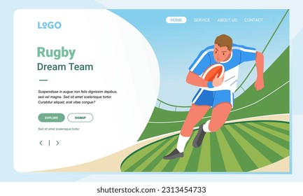 Rugby minimalist banner web illustration mobile landing page GUI UI player running across on field