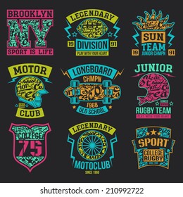 Rugby, motoclub, longboard college sport emblem graphic design for t-shirt. Bright print on a dark background