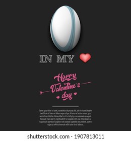Rugby in my heart. Happy Valentines Day. Design pattern on the rugby theme for greeting card, logo, emblem, banner, poster, flyer, badges, t-shirt. Vector illustration