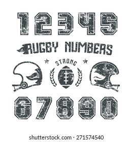 Rugby numbers for t-shirt and bonus: helmet, ball badges. Black print on white background