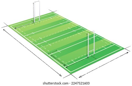 Paso de rugby en 3D con su marcado y flechas dibujadas con lápices que definen las principales dimensiones del tono (corte)