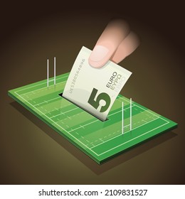 Rugby Pitch With Its Green Grass Floating On A Dark 3D Background In Which A Euro Banknote Is Slipped Like A Piggy Bank