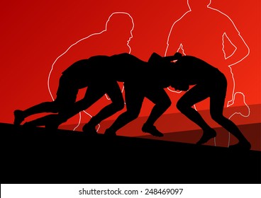 Rugby player active young men sport silhouettes abstract background vector illustration