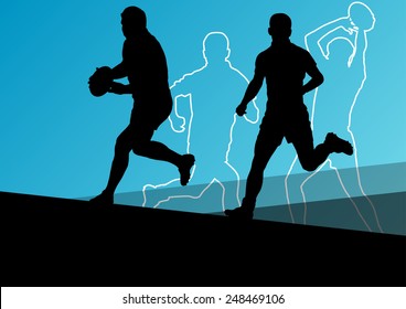 Rugby player active young men sport silhouettes abstract background vector illustration