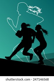 Rugby player active young women sport silhouettes abstract background vector illustration