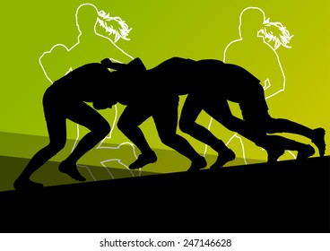 Rugby player active young women sport silhouettes abstract background vector illustration