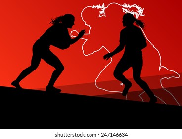 Rugby player active young women sport silhouettes abstract background vector illustration