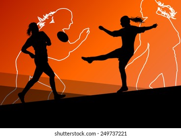 Rugby Player Active Young Women Sport Silhouettes Abstract Background Vector Illustration